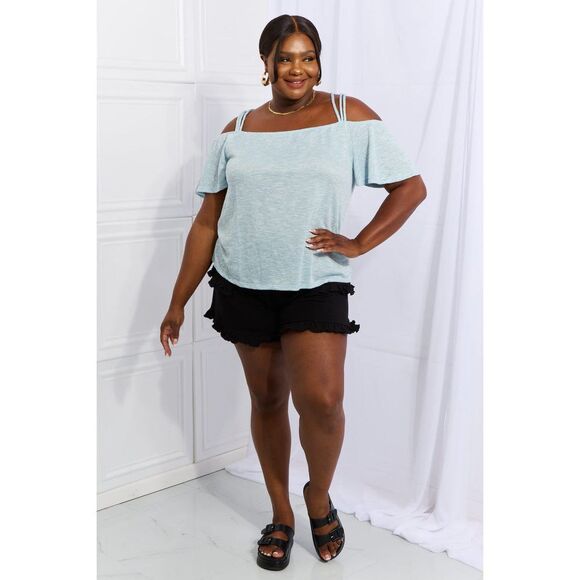 Culture Code On The Move Full Size Off The Shoulder Flare Sleeve Top In Ice Blue - Picture 4 of 10